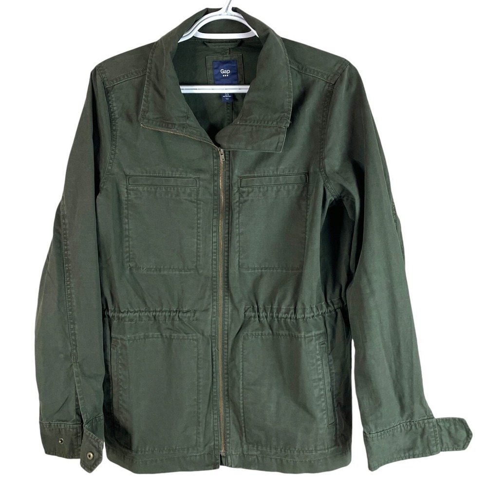 Gap Field Jacket Women M Green Utility Cotton Twill Full Zip Drawstring